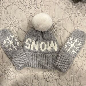 Kids Grey 'SNOW' Knit Pom Beanie and Mittens Set